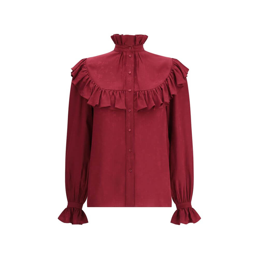 Multicolor Silk BlouseSaint Laurent’s silk Blouse is an elegant garment with a romantic flair, enhanced by a delicate tone-on-tone paisley pattern. Featuring a mandarin collar and ruffles at the neck, chest and along the sleeves, it has a front button clo