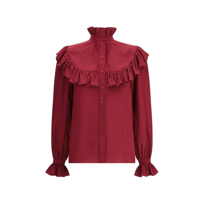 Multicolor Silk BlouseSaint Laurent’s silk Blouse is an elegant garment with a romantic flair, enhanced by a delicate tone-on-tone paisley pattern. Featuring a mandarin collar and ruffles at the neck, chest and along the sleeves, it has a front button clo