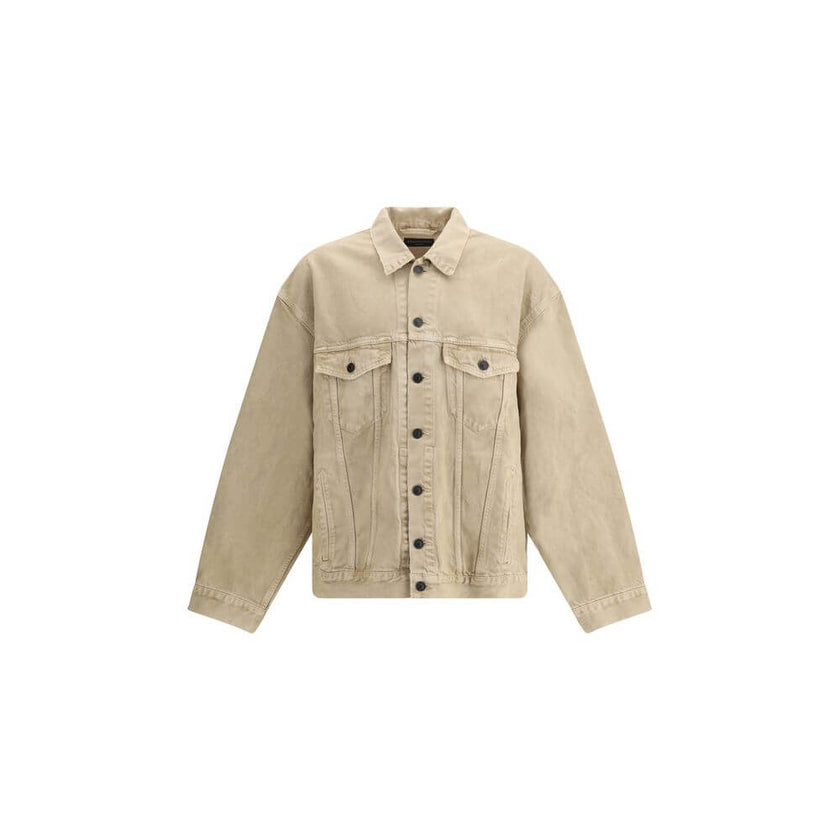 Beige Cotton Denim JacketThe oversized Denim Jacket by Balenciaga features a 7-button closure, front flap pockets and side slit pockets. Adjustable cuffs and waist with Balenciaga engraved metal buttons. The embroidered logo on the back elegantly signs th
