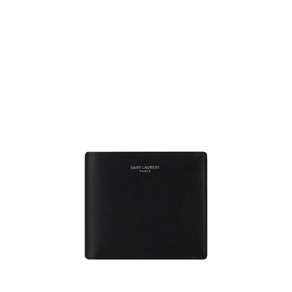 Black Calf Leather Bos Taurus WalletCalfskin Wallet by Saint Laurent, billfold design, interior card slots, bill compartment, iconic brand signature press-stamped on front, grained leather design. Season: AW25 Dimension: 11.5×11.5 Composition: 100% Calf L