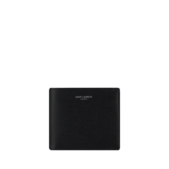 Black Calf Leather Bos Taurus WalletCalfskin Wallet by Saint Laurent, billfold design, interior card slots, bill compartment, iconic brand signature press-stamped on front, grained leather design. Season: AW25 Dimension: 11.5×11.5 Composition: 100% Calf L