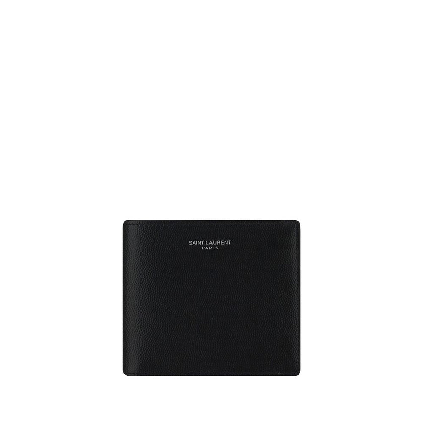 Black Calf Leather Bos Taurus WalletCalfskin Wallet by Saint Laurent, billfold design, interior card slots, bill compartment, iconic brand signature press-stamped on front, grained leather design. Season: AW25 Dimension: 11.5×11.5 Composition: 100% Calf L