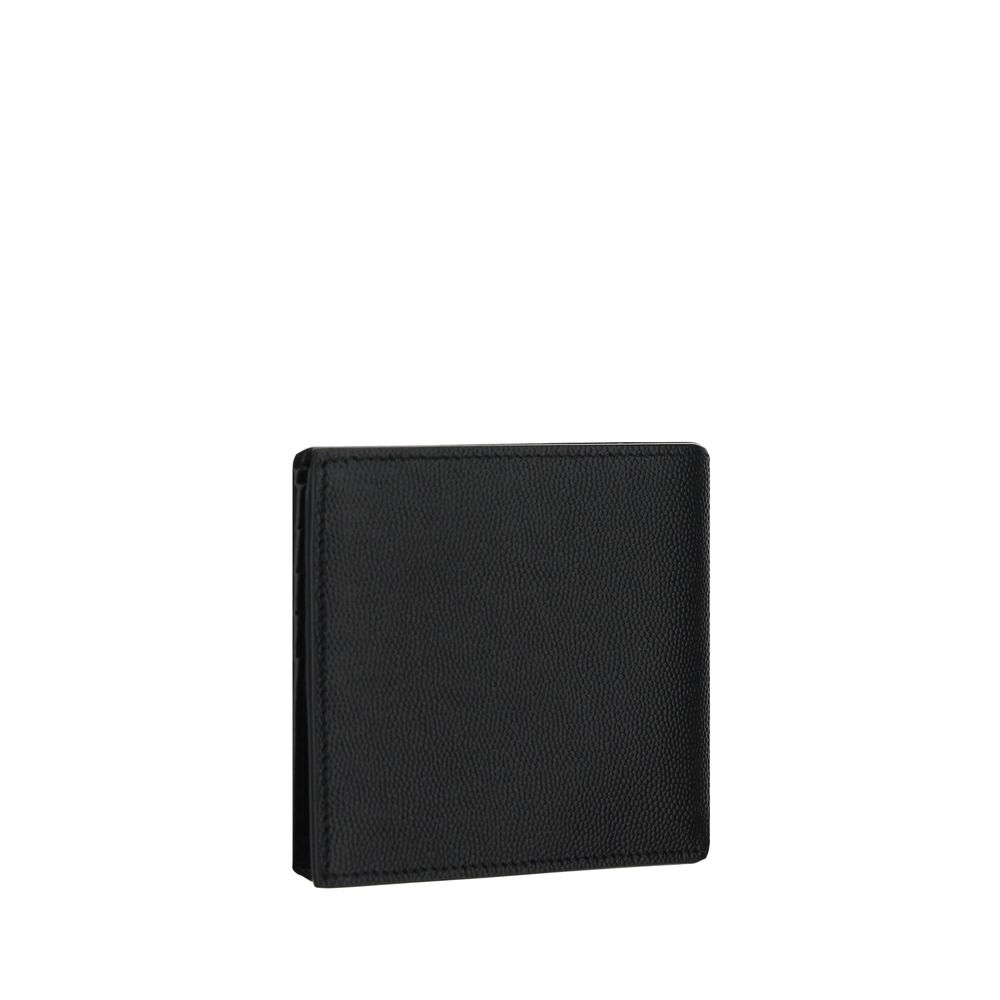 Black Calf Leather Bos Taurus WalletCalfskin Wallet by Saint Laurent, billfold design, interior card slots, bill compartment, iconic brand signature press-stamped on front, grained leather design. Season: AW25 Dimension: 11.5×11.5 Composition: 100% Calf L