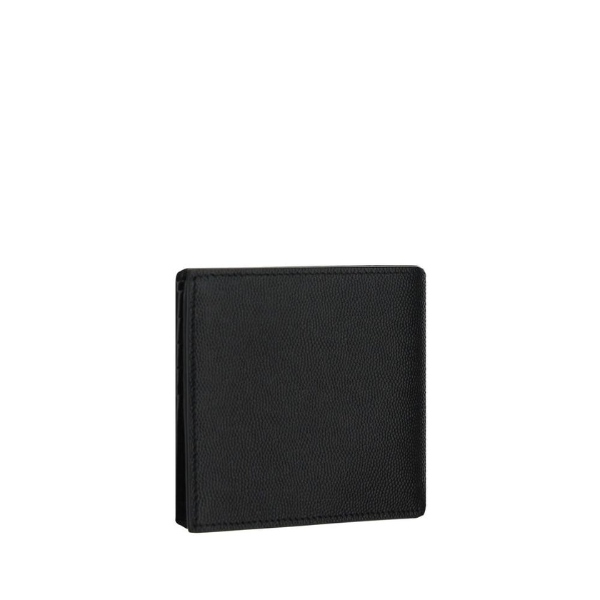 Black Calf Leather Bos Taurus WalletCalfskin Wallet by Saint Laurent, billfold design, interior card slots, bill compartment, iconic brand signature press-stamped on front, grained leather design. Season: AW25 Dimension: 11.5×11.5 Composition: 100% Calf L