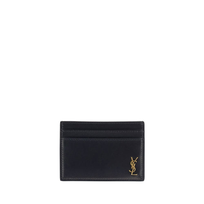 Black Calf Leather Bos Taurus WalletCalfskin Card Holder by Saint Laurent, card slots on both sides, embossed brass logo on front. Season: AW25 Dimension: 12×12 Composition: 100% Calf Leather Bos Taurus MADE IN ITALYBlack Calf Leather Bos Taurus Wallet${t