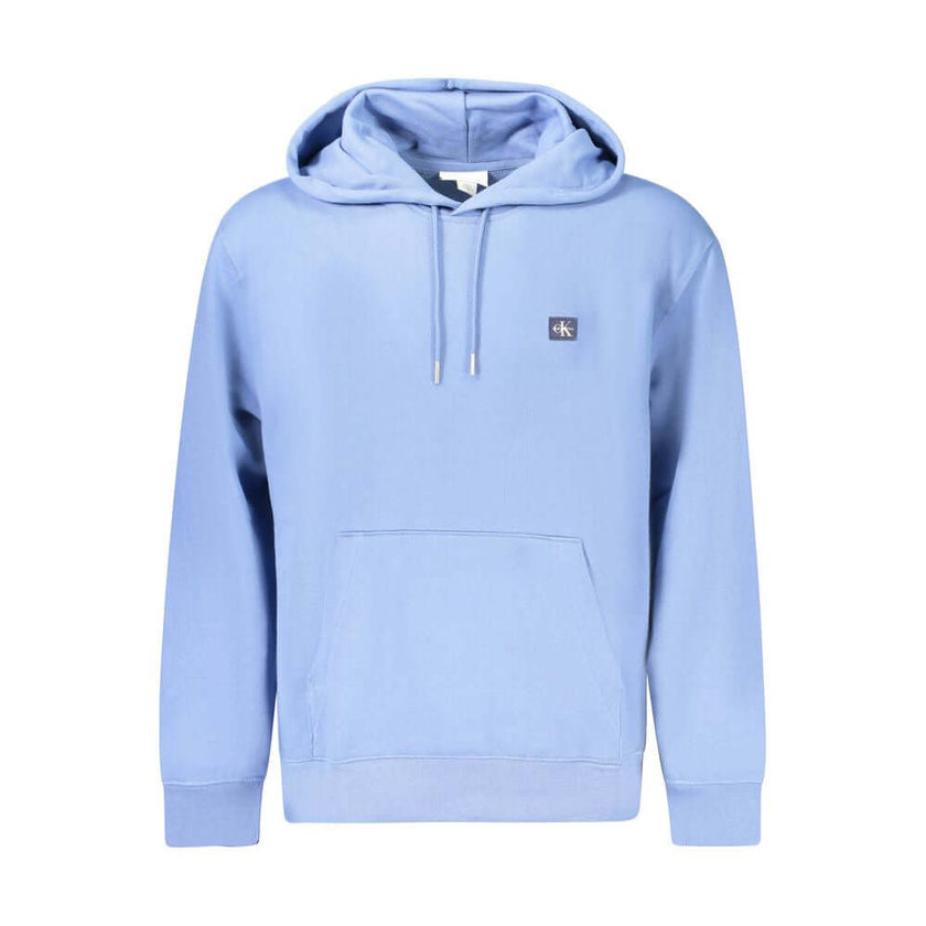 Blue Recycled Polyester Men SweaterElevate your wardrobe with the unmistakable style of Calvin Klein. This long-sleeved hooded sweatshirt is crafted with an eye-catching blend of comfort and sustainability. Featuring a brushed texture, convenience meets f