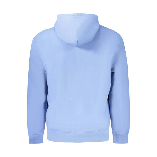 Blue Recycled Polyester Men SweaterElevate your wardrobe with the unmistakable style of Calvin Klein. This long-sleeved hooded sweatshirt is crafted with an eye-catching blend of comfort and sustainability. Featuring a brushed texture, convenience meets f
