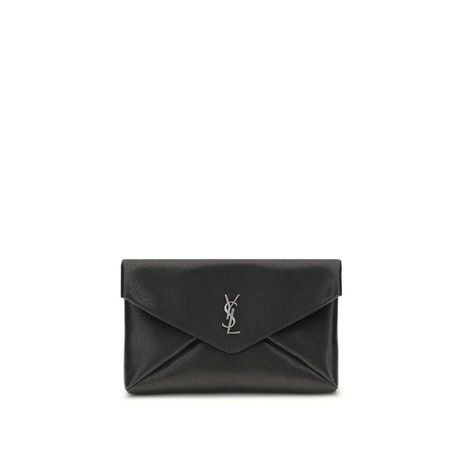 Black Calf Leather Bos Taurus Clutch BagThe Cassandre Large Envelope Clutch Bag by Saint Laurent is an elegant design with a front flap embellished with a silver logo. The magnetic snap-button closure ensures practicality, while the interior features a fl