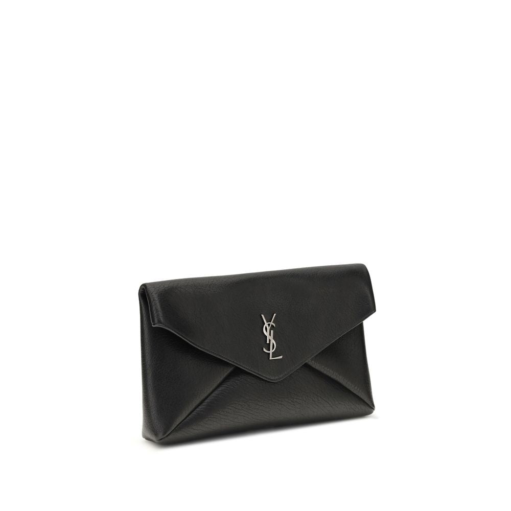 Black Calf Leather Bos Taurus Clutch BagThe Cassandre Large Envelope Clutch Bag by Saint Laurent is an elegant design with a front flap embellished with a silver logo. The magnetic snap-button closure ensures practicality, while the interior features a fl