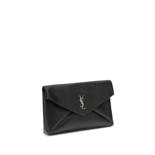 Black Calf Leather Bos Taurus Clutch BagThe Cassandre Large Envelope Clutch Bag by Saint Laurent is an elegant design with a front flap embellished with a silver logo. The magnetic snap-button closure ensures practicality, while the interior features a fl