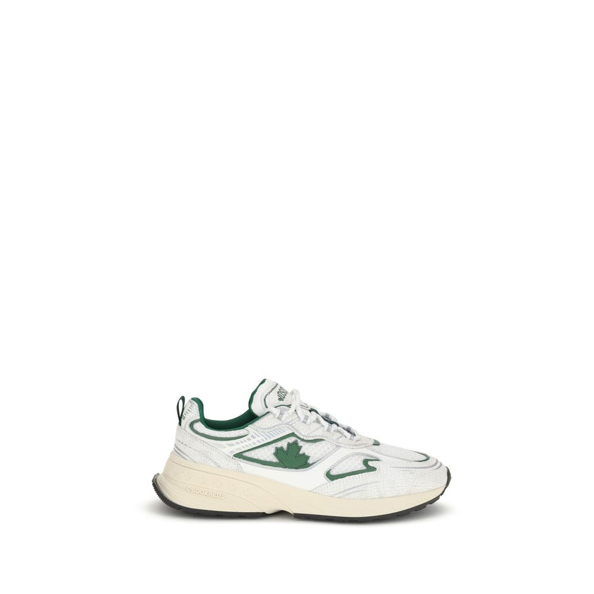 White Calf Leather Bos Taurus Athletic SneakersThe Sprinter Sneakers by Dsquared2 combine technical materials and a modern design. Crafted from mesh and cracked leather, they are enriched with reflective details for greater visibility. The trekking-style