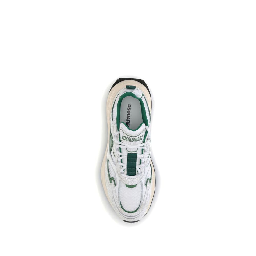 White Calf Leather Bos Taurus Athletic SneakersThe Sprinter Sneakers by Dsquared2 combine technical materials and a modern design. Crafted from mesh and cracked leather, they are enriched with reflective details for greater visibility. The trekking-style