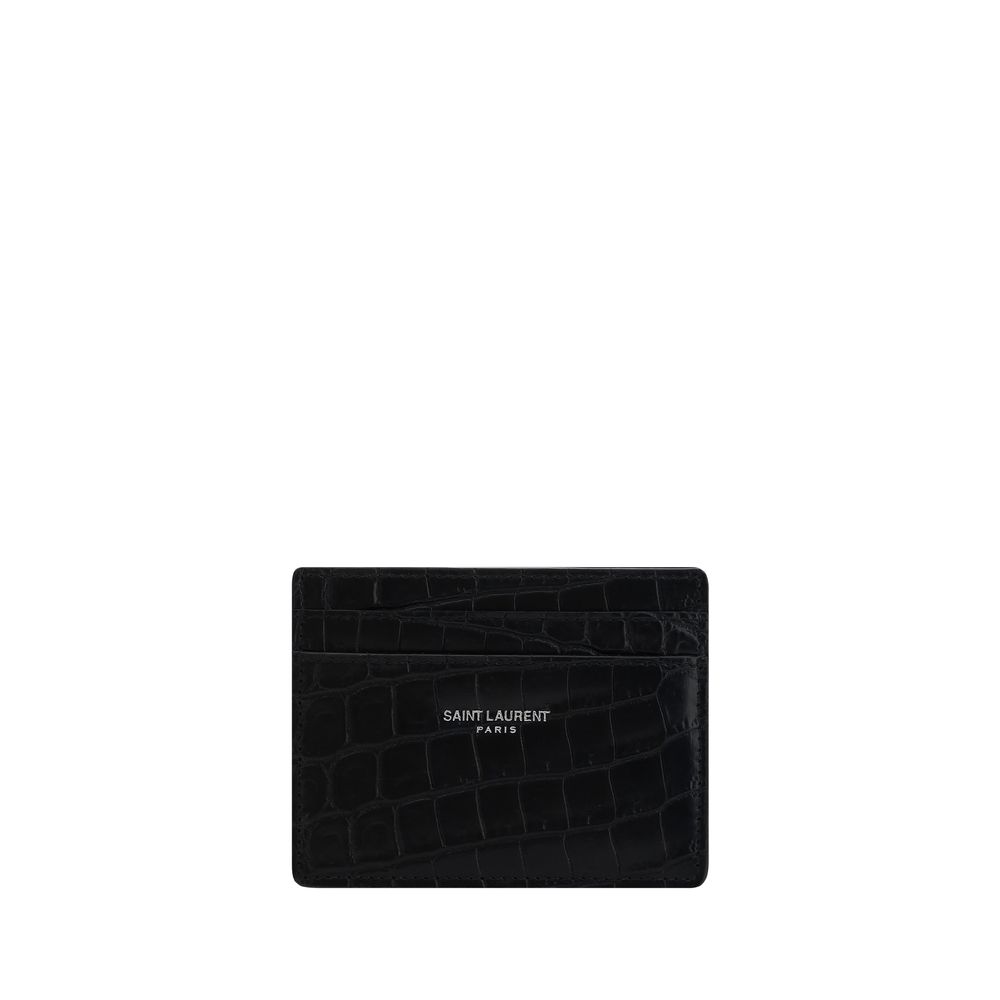 Black Calf Leather Bos Taurus WalletCalfskin Card Holder by Saint Laurent, animal-effect leather print, iconic brand monogram press-stamped on front, card slots on front and back, bill compartment at top. Season: AW25 Dimension: 10.5×10.5 Composition: 100