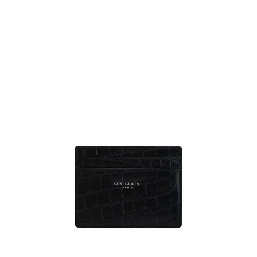 Black Calf Leather Bos Taurus WalletCalfskin Card Holder by Saint Laurent, animal-effect leather print, iconic brand monogram press-stamped on front, card slots on front and back, bill compartment at top. Season: AW25 Dimension: 10.5×10.5 Composition: 100