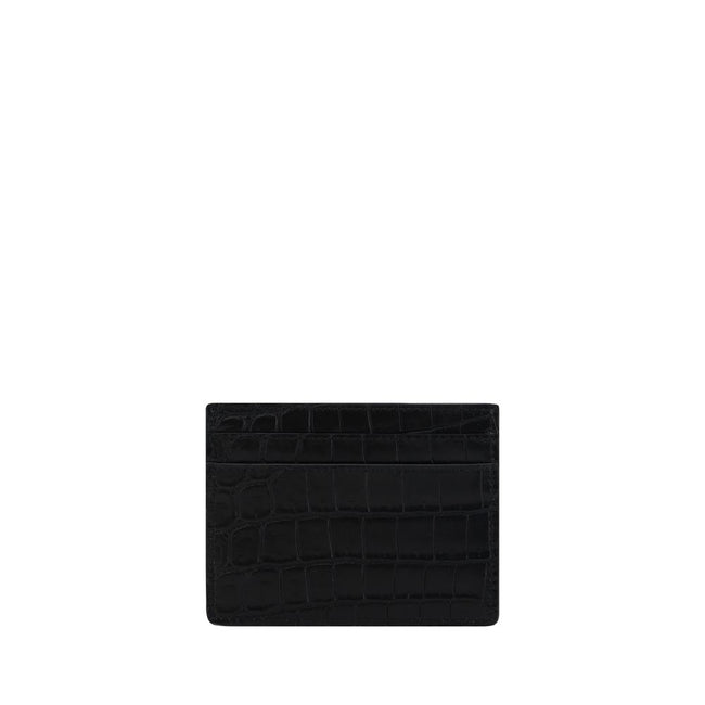 Black Calf Leather Bos Taurus WalletCalfskin Card Holder by Saint Laurent, animal-effect leather print, iconic brand monogram press-stamped on front, card slots on front and back, bill compartment at top. Season: AW25 Dimension: 10.5×10.5 Composition: 100