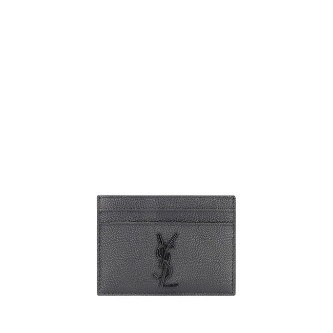 Gray Calf Leather Bos Taurus WalletBlack Calfskin Card Holder by Saint Laurent, card slot on both sides, black embossed logo on front. Season: AW25 Dimension: 10×10 Composition: 100% Calf Leather Bos Taurus MADE IN ITALYGray Calf Leather Bos Taurus Wallet