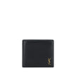 Black Calf Leather Bos Taurus WalletThe Saint Laurent Leather Wallet is a stylish and compact accessory perfect for everyday use. Made of high-quality leather, it features an essential billfold design embellished with the iconic YSL logo embossed on the f