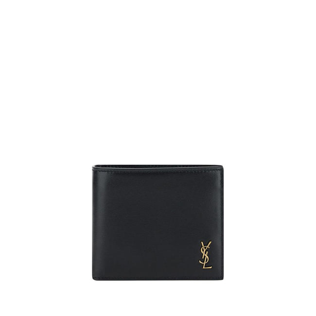 Black Calf Leather Bos Taurus WalletThe Saint Laurent Leather Wallet is a stylish and compact accessory perfect for everyday use. Made of high-quality leather, it features an essential billfold design embellished with the iconic YSL logo embossed on the f