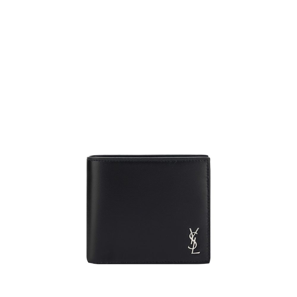 Black Calf Leather Bos Taurus WalletSaint Laurent leather Wallet, billfold design, interior billfold compartment, interior card slot, embossed iconic brand monogram plaque on front, iconic brand monogram press-stamped inside. Season: AW25 Dimension: 11×11