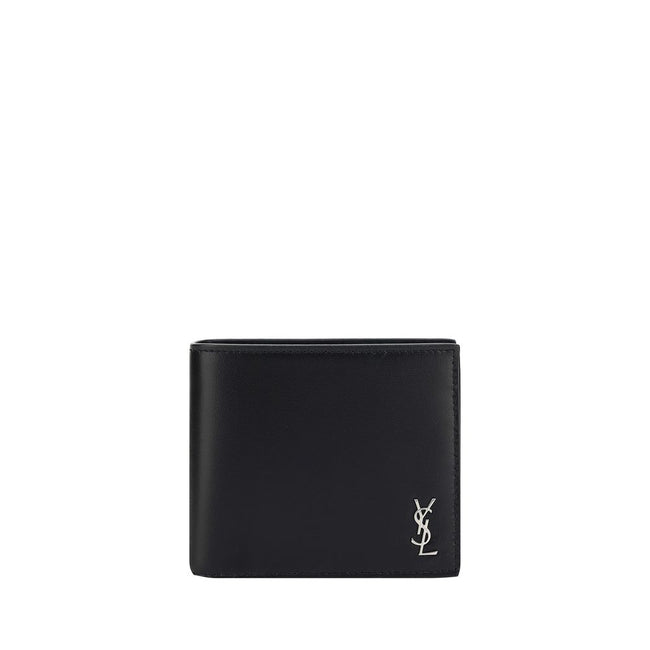 Black Calf Leather Bos Taurus WalletSaint Laurent leather Wallet, billfold design, interior billfold compartment, interior card slot, embossed iconic brand monogram plaque on front, iconic brand monogram press-stamped inside. Season: AW25 Dimension: 11×11