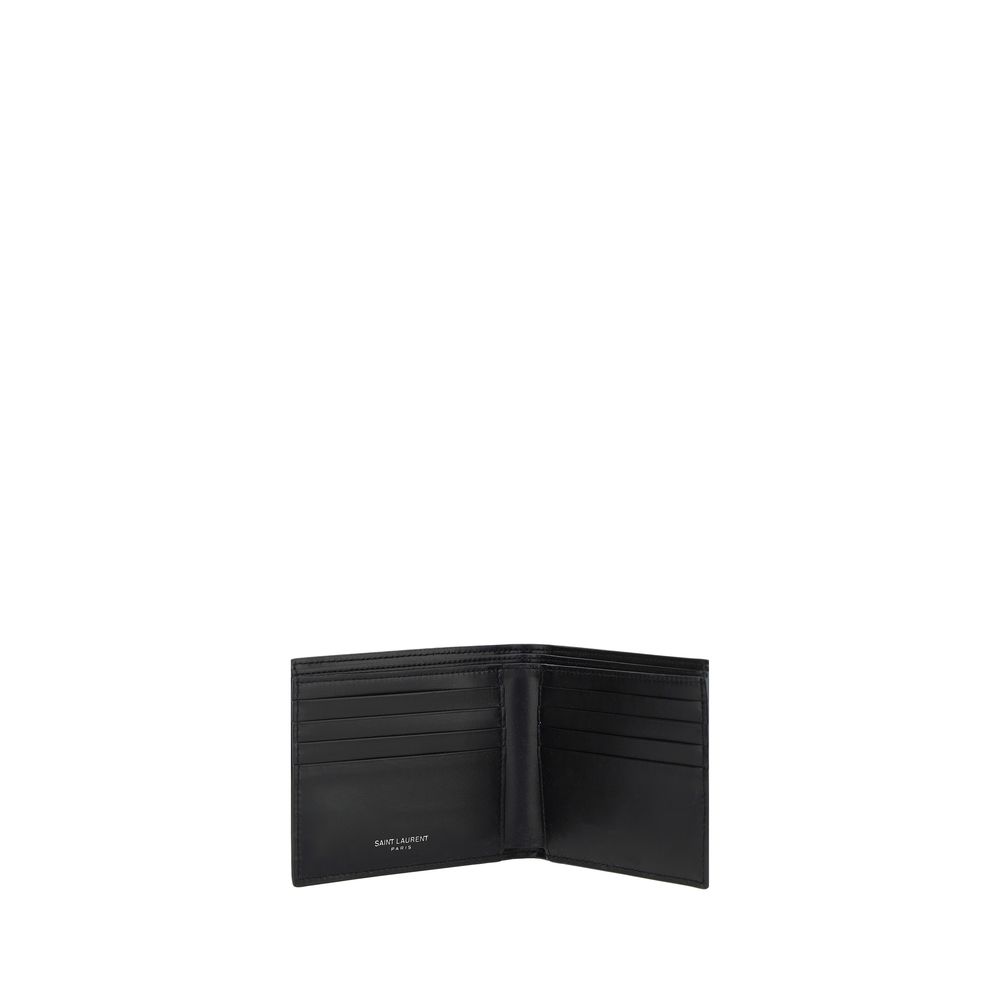 Black Calf Leather Bos Taurus WalletSaint Laurent leather Wallet, billfold design, interior billfold compartment, interior card slot, embossed iconic brand monogram plaque on front, iconic brand monogram press-stamped inside. Season: AW25 Dimension: 11×11