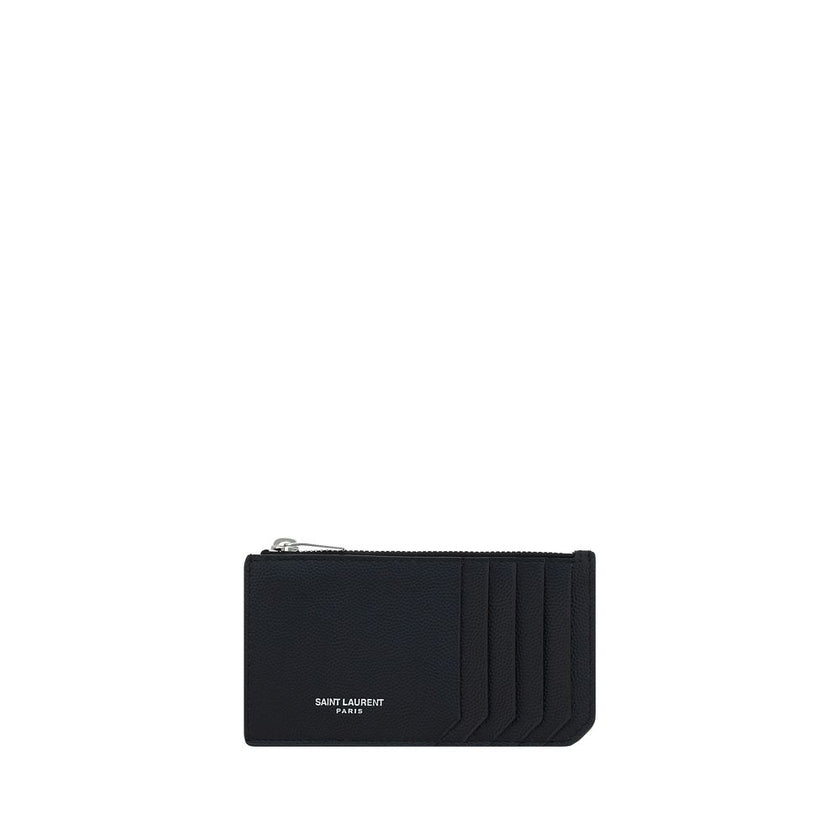 Black Calf Leather Bos Taurus WalletCalfskin Card Holder by Saint Laurent, card slots on front and back, zippered coin compartment, card slot on front, iconic brand monogram printed in contrast on front. Season: AW25 Dimension: 13×13 Composition: 100% Cal