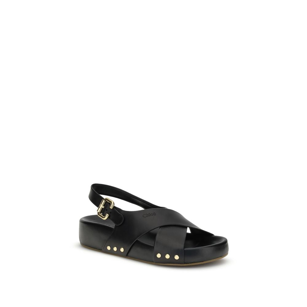 Mae SandalsThe Mae Sandals by Chloé, crafted from smooth calfskin, combine elegance and comfort thanks to the anatomical insole designed to last all day. The upper is characterized by crossed straps and an adjustable ankle strap, secured by the iconic Pad