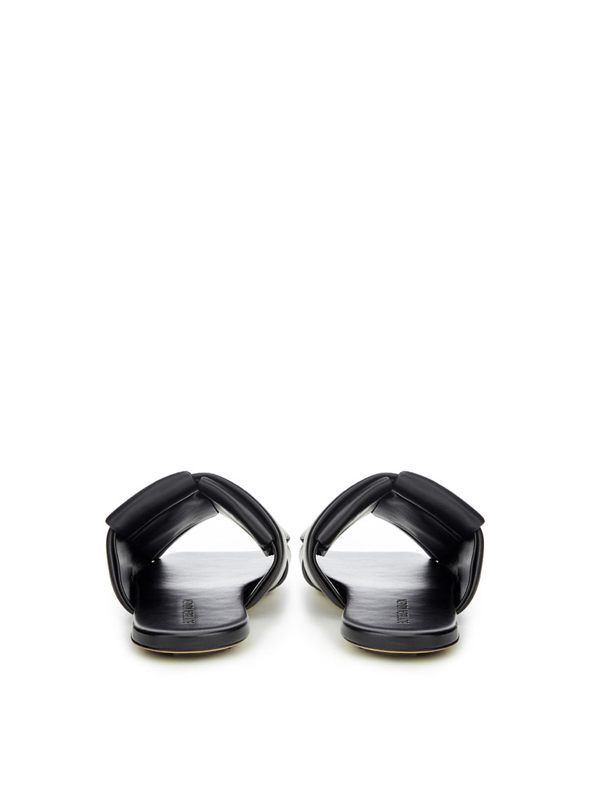 Elegant Black Leather SandalsStep into luxurious simplicity with these elegantly crafted black leather sandals by Bottega Veneta. Perfect for any occasion, they seamlessly blend high-end craftsmanship with sleek design, embodying Italian sophistication. I