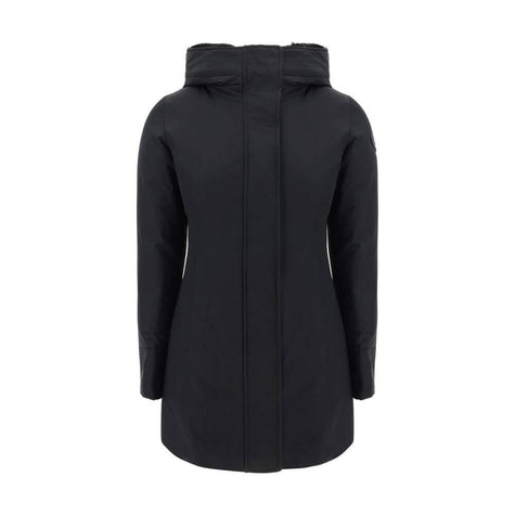 Black Nylon ParkaBoulder Down Jacket by Woolrich, front zipper closure with concealed snap buttons, faux fur-lined hood design, elastic ribbed cuffs, padded and quilted inner lining design, buttoned welt pockets, brand’s iconic logo patch applied on left