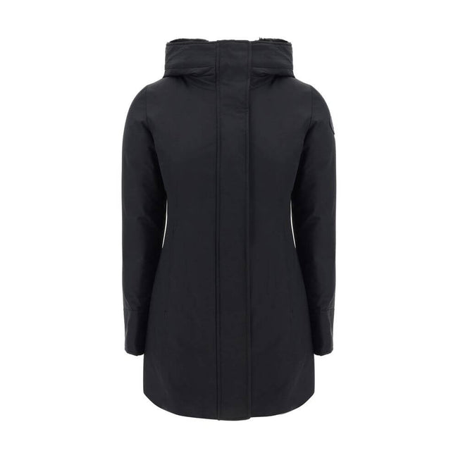 Black Nylon ParkaBoulder Down Jacket by Woolrich, front zipper closure with concealed snap buttons, faux fur-lined hood design, elastic ribbed cuffs, padded and quilted inner lining design, buttoned welt pockets, brand’s iconic logo patch applied on left