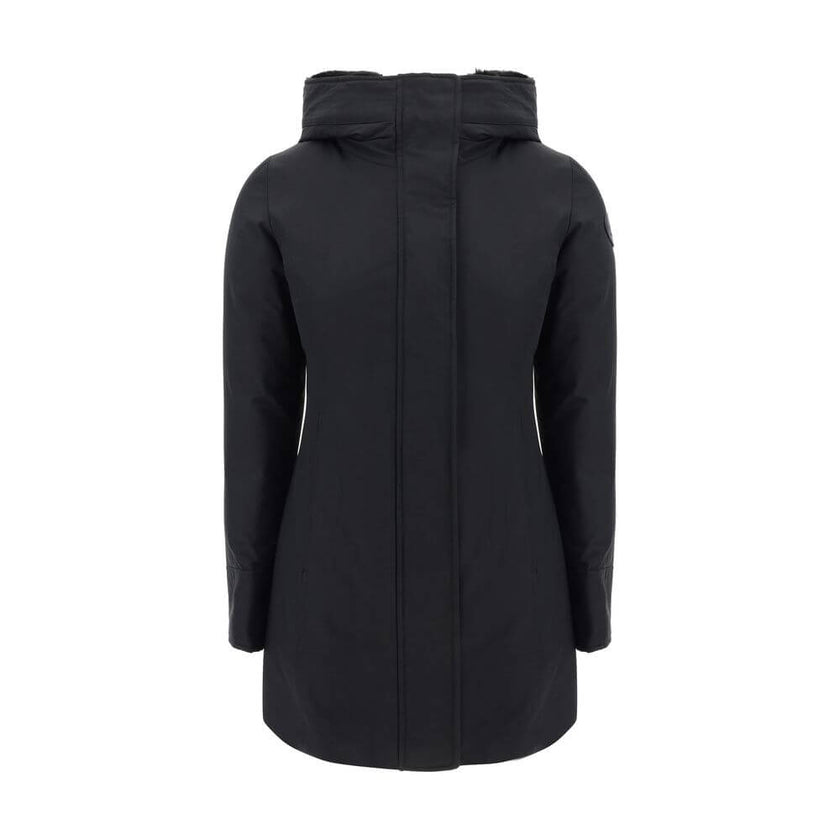 Black Nylon ParkaBoulder Down Jacket by Woolrich, front zipper closure with concealed snap buttons, faux fur-lined hood design, elastic ribbed cuffs, padded and quilted inner lining design, buttoned welt pockets, brand’s iconic logo patch applied on left