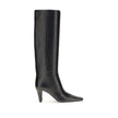 Black Leather High Heel BootsSaint Laurent’s High Leather Boots embody a bold and refined style. With knee-high height and a slightly squared toe, they stand out for their modern, minimalist design. The cone heel adds a touch of character, while the no-lo