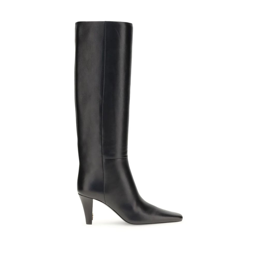 Black Leather High Heel BootsSaint Laurent’s High Leather Boots embody a bold and refined style. With knee-high height and a slightly squared toe, they stand out for their modern, minimalist design. The cone heel adds a touch of character, while the no-lo