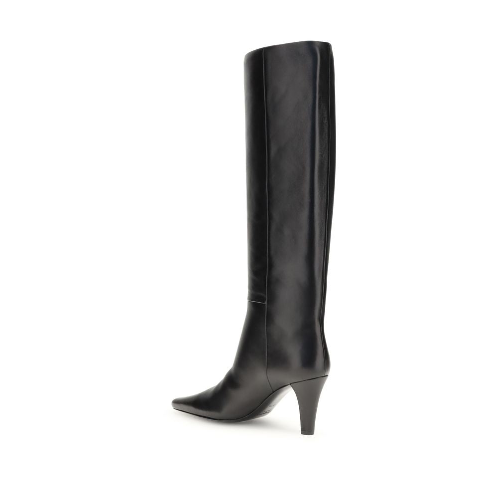 Black Leather High Heel BootsSaint Laurent’s High Leather Boots embody a bold and refined style. With knee-high height and a slightly squared toe, they stand out for their modern, minimalist design. The cone heel adds a touch of character, while the no-lo
