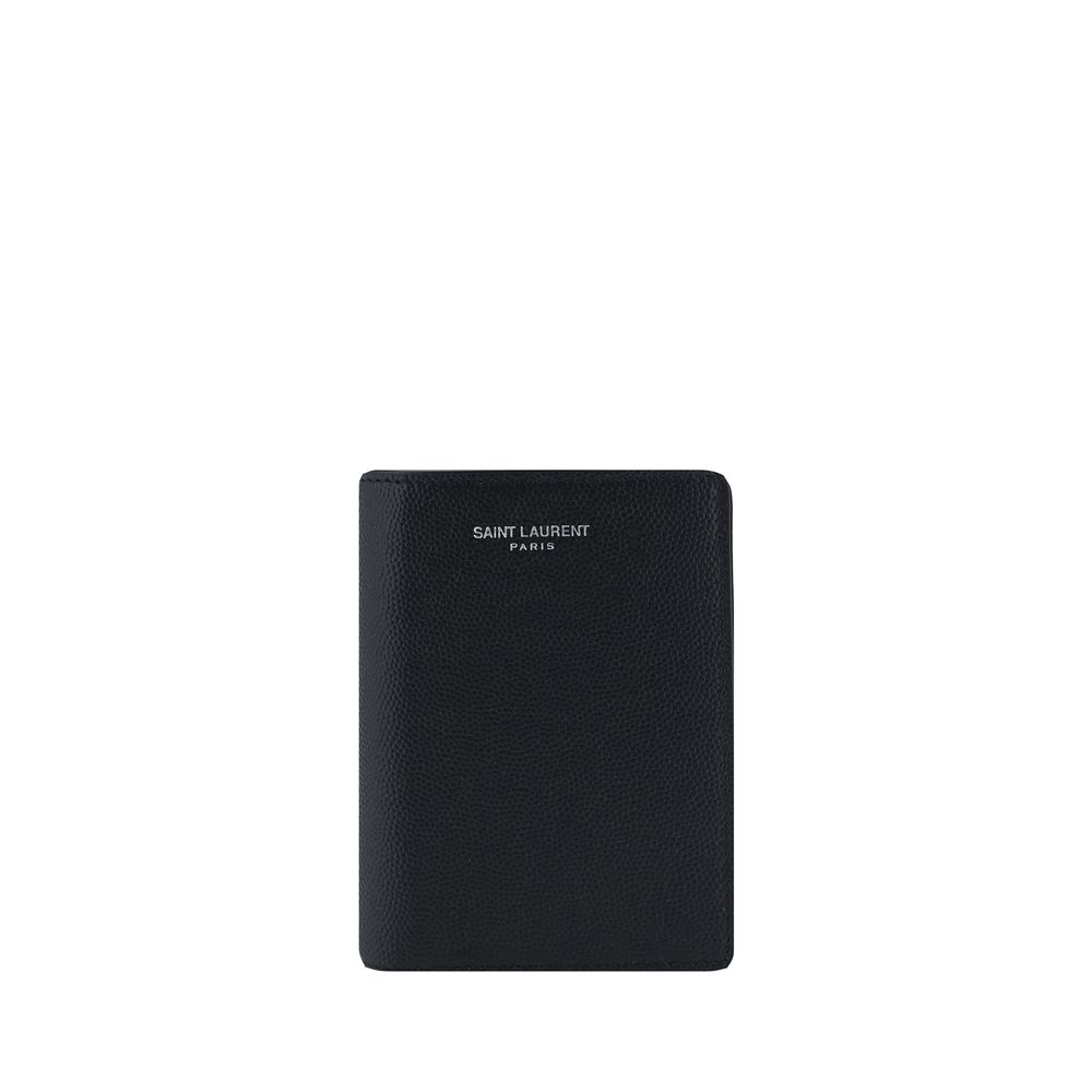 Black Calf Leather Bos Taurus WalletCalfskin Embossed Wallet by Saint Laurent, billfold design, made of grained leather, iconic brand print on front, bill compartment, card slots and rectangular pattern. Season: AW25 Dimension: 9x9x2 Composition: 100% Cal