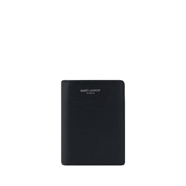 Black Calf Leather Bos Taurus WalletCalfskin Embossed Wallet by Saint Laurent, billfold design, made of grained leather, iconic brand print on front, bill compartment, card slots and rectangular pattern. Season: AW25 Dimension: 9x9x2 Composition: 100% Cal