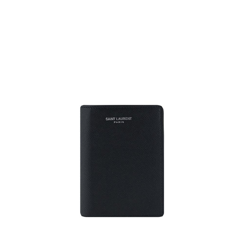 Black Calf Leather Bos Taurus WalletCalfskin Embossed Wallet by Saint Laurent, billfold design, made of grained leather, iconic brand print on front, bill compartment, card slots and rectangular pattern. Season: AW25 Dimension: 9x9x2 Composition: 100% Cal