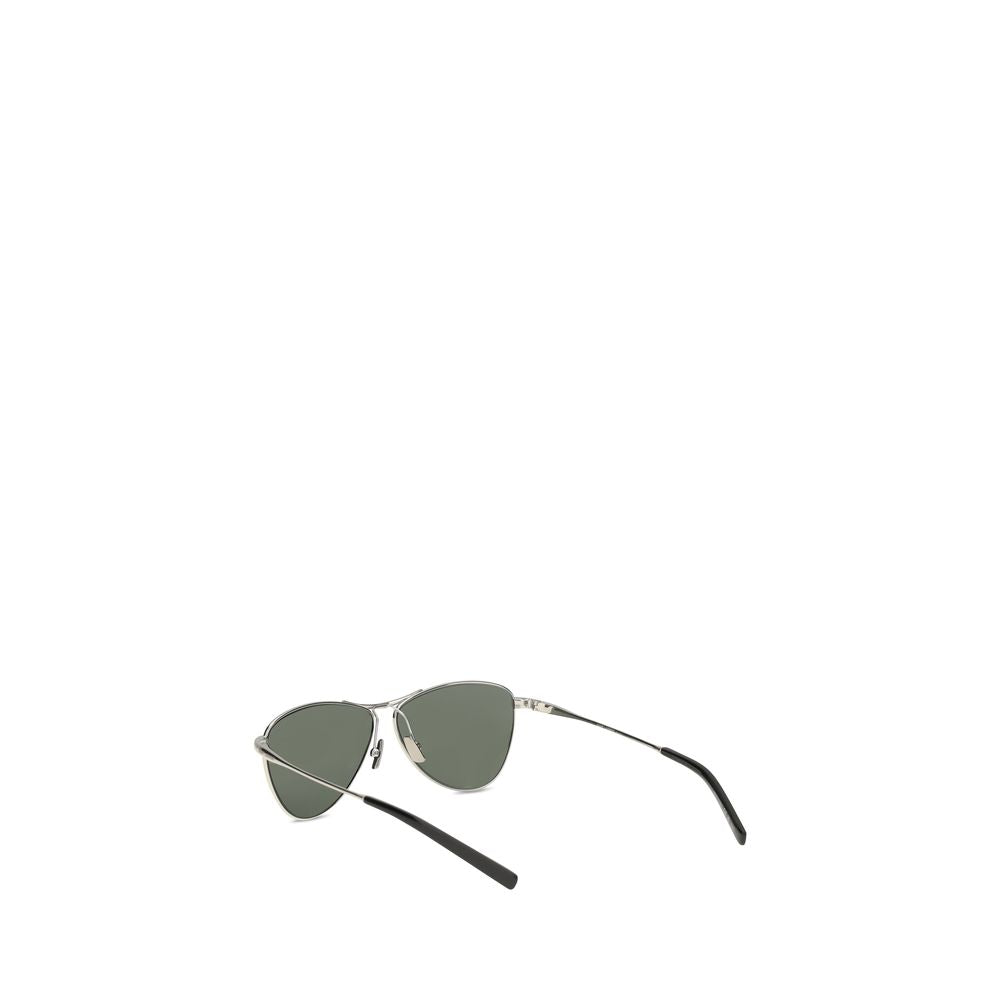 Silver Metal SunglassesThe 831 Vesper Sunglasses by Saint Laurent revisit the classic aviator style with a bold and modern twist. Featuring a distinctive triangular metal frame, they are complemented by nylon lenses that offer lightweight protection. An a