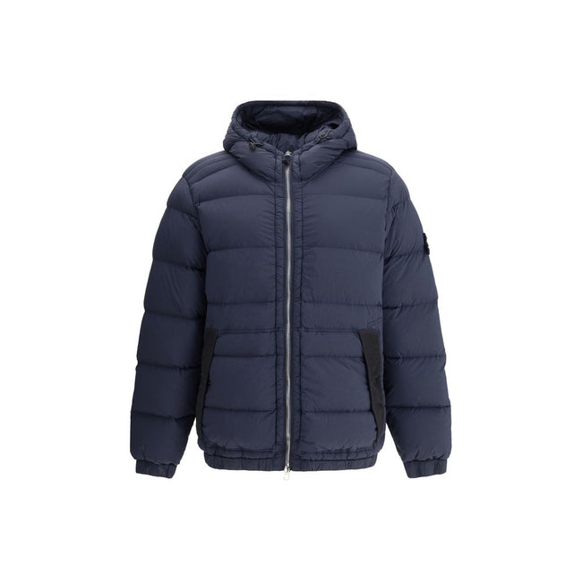 Blue Polyamide Full-Length JacketStone Island’s hooded Down Jacket is made of lightweight, garment-dyed nylon with anti-drip treatment. Featuring a padded hood with horizontal drawstring, it has vertical pockets with contrasting webbing flap, herringbone