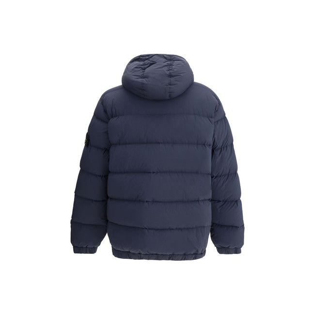 Blue Polyamide Full-Length JacketStone Island’s hooded Down Jacket is made of lightweight, garment-dyed nylon with anti-drip treatment. Featuring a padded hood with horizontal drawstring, it has vertical pockets with contrasting webbing flap, herringbone