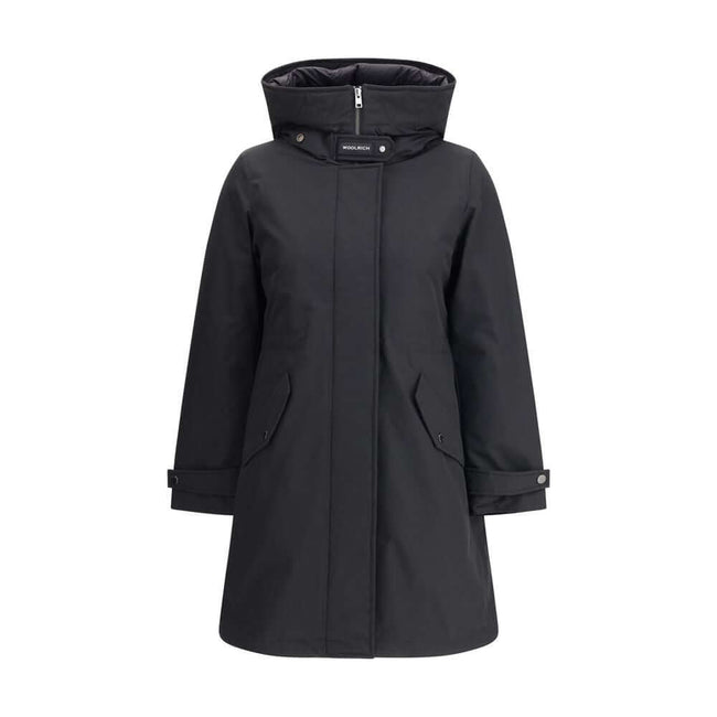 Black Cotton ClothingCotton Authentic 3-in-1 Parka Jacket by Woolrich, double layer decomposable design. Inside jacket with high collar and hood, closure by double-slider zipper, elastic cuffs, two zippered side welt pockets, all-over quilted and padded d