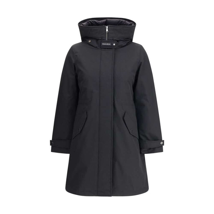 Black Cotton ClothingCotton Authentic 3-in-1 Parka Jacket by Woolrich, double layer decomposable design. Inside jacket with high collar and hood, closure by double-slider zipper, elastic cuffs, two zippered side welt pockets, all-over quilted and padded d
