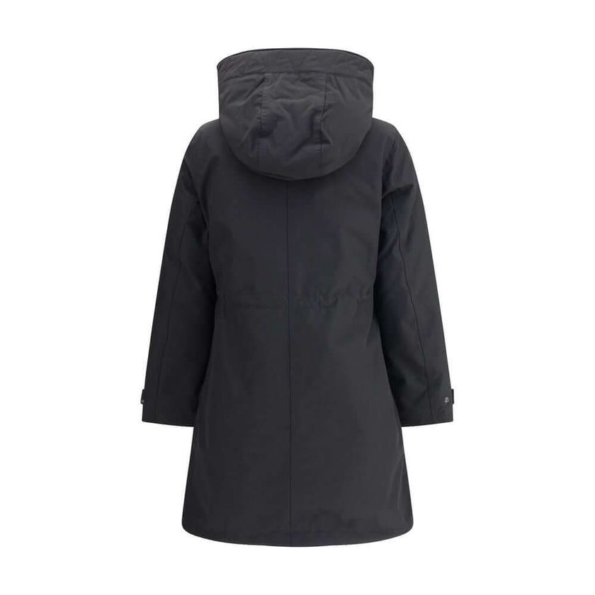 Black Cotton ClothingCotton Authentic 3-in-1 Parka Jacket by Woolrich, double layer decomposable design. Inside jacket with high collar and hood, closure by double-slider zipper, elastic cuffs, two zippered side welt pockets, all-over quilted and padded d