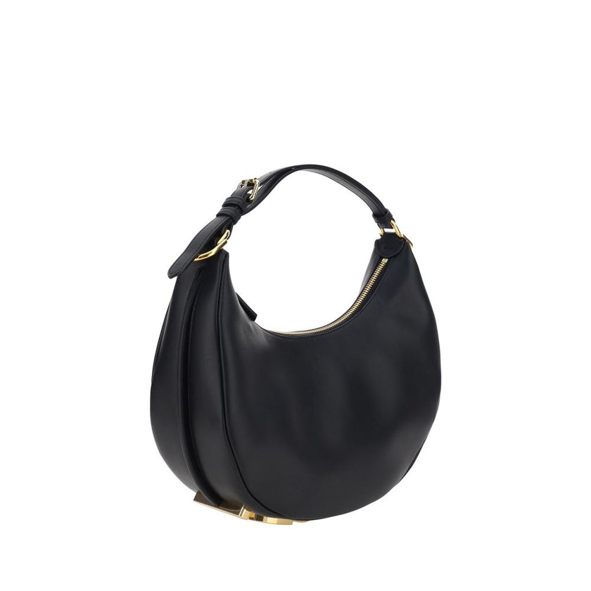 Black Calf Leather Bos Taurus Shoulder BagFendi’s leather Fendigraphy Shoulder Bag features a smooth leather design and a top zipper closure. It features a single adjustable handle and the brand’s iconic antiqued brass signature embossed on the base for a