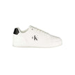 White Leather Women SneakerElevate your sneaker game with these Calvin Klein sports shoes, designed to make a statement with every stride. The crisp white palette is sharply contrasted by bold black details for an eye-catching look. With a removable footb