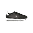 Black Leather Men SneakerStep out in sleek style with the Calvin Klein sports shoe, a nod to refined athleticism with an edge. Designed to make a statement as you stride, these kicks feature a sharp black base complemented by bold, contrasting white accen
