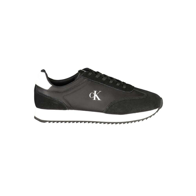 Black Leather Men SneakerStep out in sleek style with the Calvin Klein sports shoe, a nod to refined athleticism with an edge. Designed to make a statement as you stride, these kicks feature a sharp black base complemented by bold, contrasting white accen