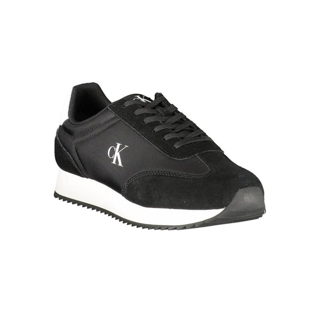 Black Leather Men SneakerStep out in sleek style with the Calvin Klein sports shoe, a nod to refined athleticism with an edge. Designed to make a statement as you stride, these kicks feature a sharp black base complemented by bold, contrasting white accen