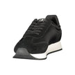 Black Leather Men SneakerStep out in sleek style with the Calvin Klein sports shoe, a nod to refined athleticism with an edge. Designed to make a statement as you stride, these kicks feature a sharp black base complemented by bold, contrasting white accen
