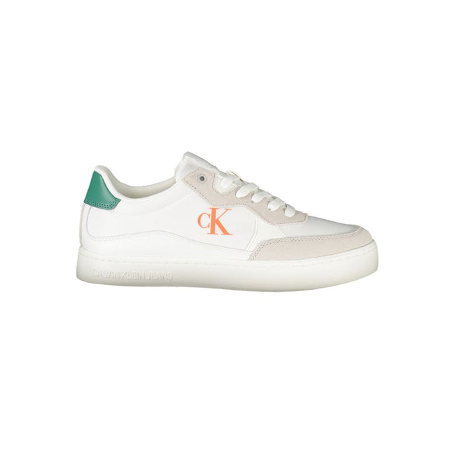 White Leather Men SneakerCrafted for the modern maverick, Calvin Klein presents a pristine fusion of comfort and avant-garde style. These sneakers feature a bold lace-up silhouette, with contrasting details that captivate and express individuality. The re